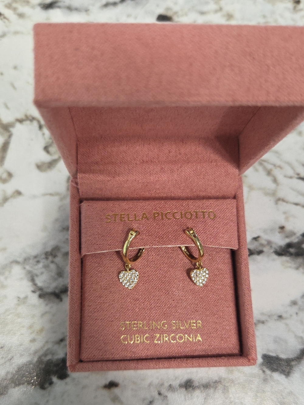 Stella Picciotto Gold Heart Drop Earrings with Cubic Zirconia Sterling Siver